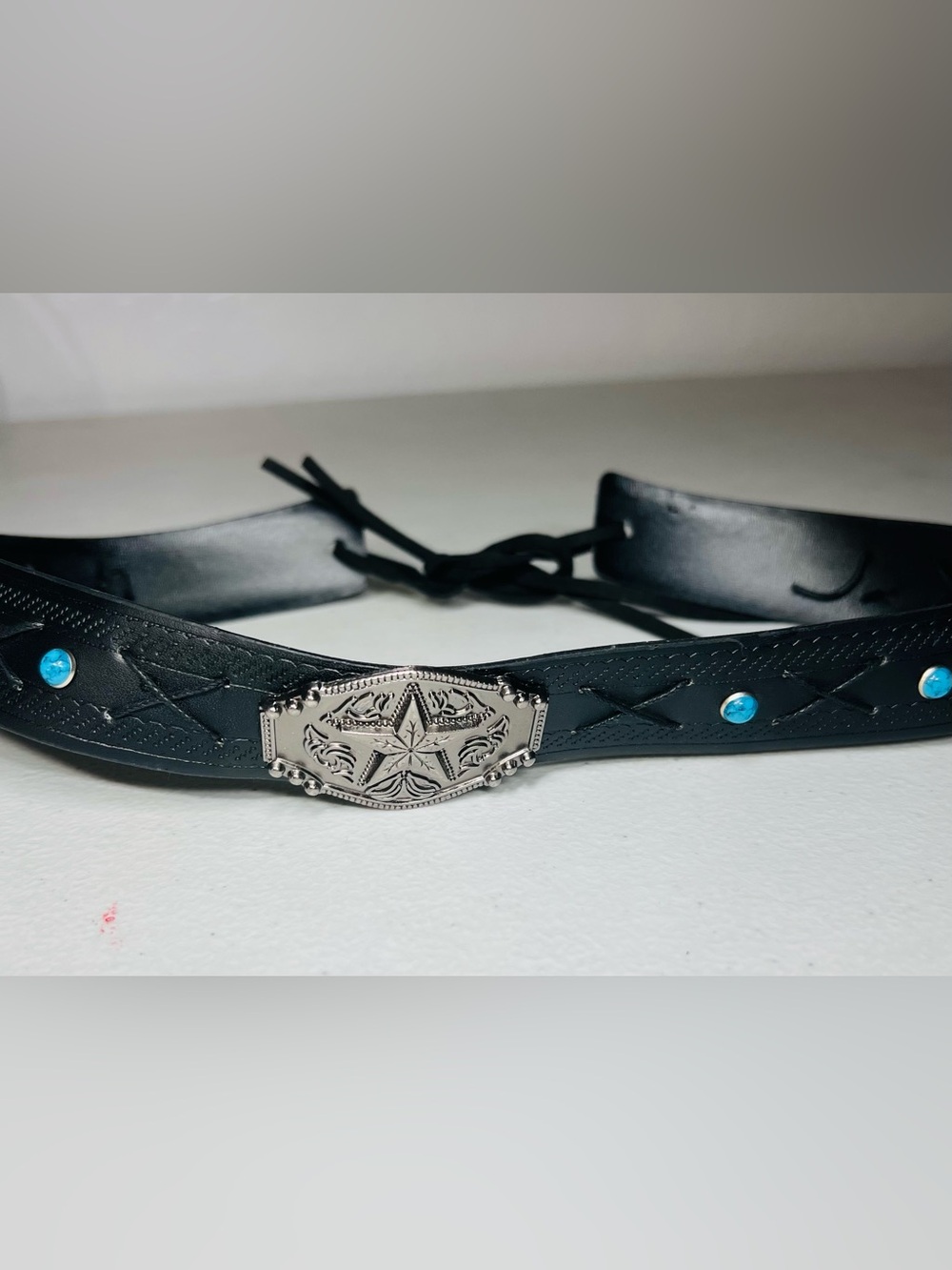 Western Cowboy Hatband Black Turquoise Star Concho Tooled Leather Tie